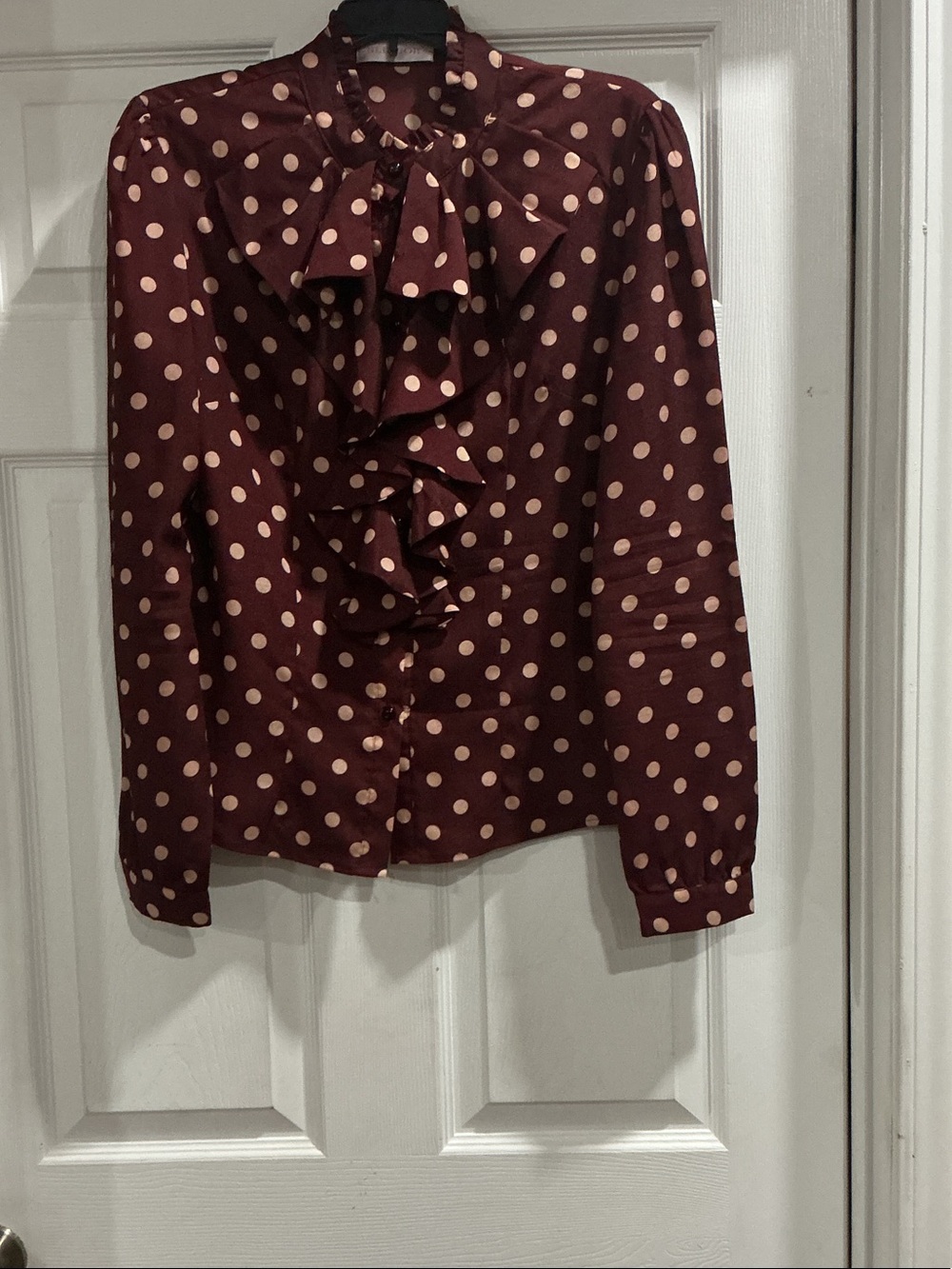 Womens Burgundy Polka Dot Ruffle Front Blouse